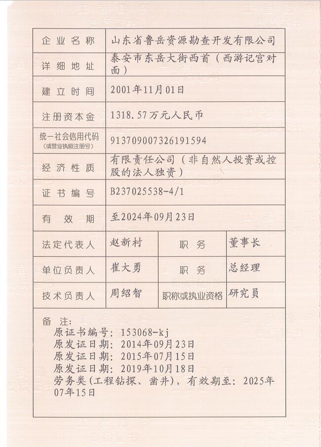 工程地質綜合甲級/山東省魯岳資源勘查開發(fā)有限公司！(圖2)